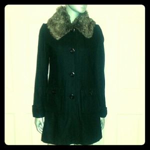 Black Peacoat with Detachable Faux Fur Collar
